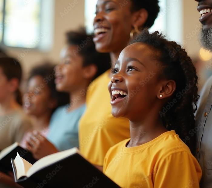 An intergenerational congregation singing together